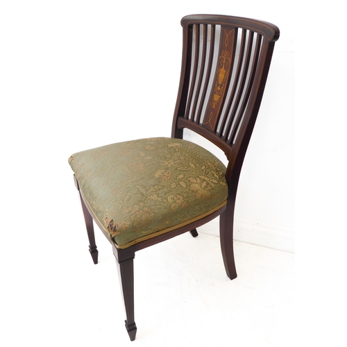 280 - A good set of four Edwardian mahogany and boxwood strung salon chairs; each with central vertical co... 