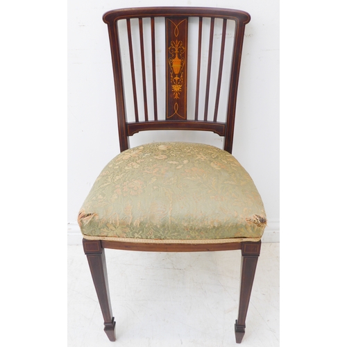 280 - A good set of four Edwardian mahogany and boxwood strung salon chairs; each with central vertical co... 