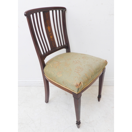 280 - A good set of four Edwardian mahogany and boxwood strung salon chairs; each with central vertical co... 