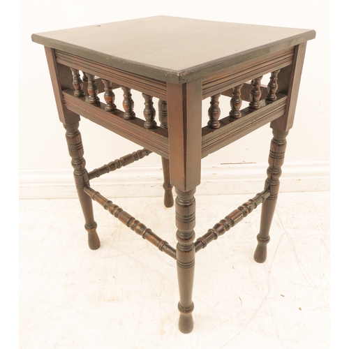 304 - A mahogany/fruitwood stool (probably 18th century): the later upholstered top above four inverted ba... 