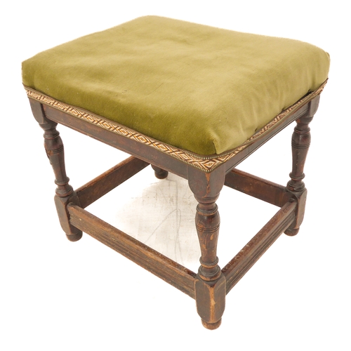 304 - A mahogany/fruitwood stool (probably 18th century): the later upholstered top above four inverted ba... 