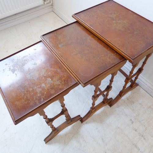 342 - A reproduction set of three yew wood quartetto-style tables (51cm wide)