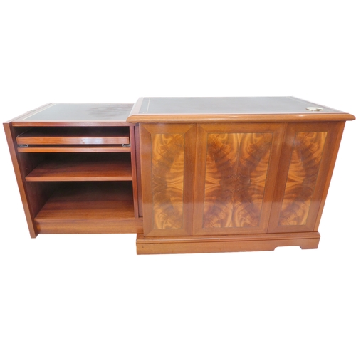 349 - A flame veneered mahogany office style side cabinet, the leathered moulded top above two flush side ... 