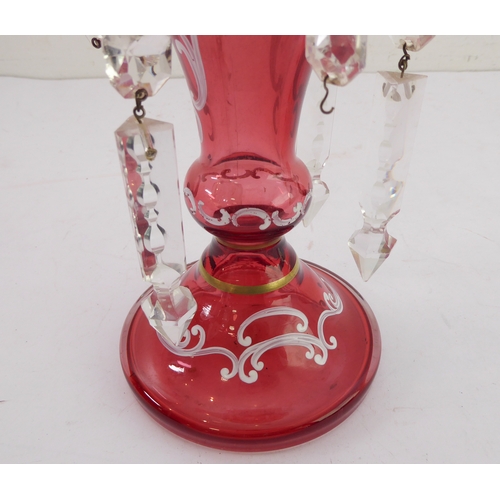 64 - A 19th century Mary Gregory cranberry glass table-lustre / centrepiece; crimped edge and cut-glass d... 