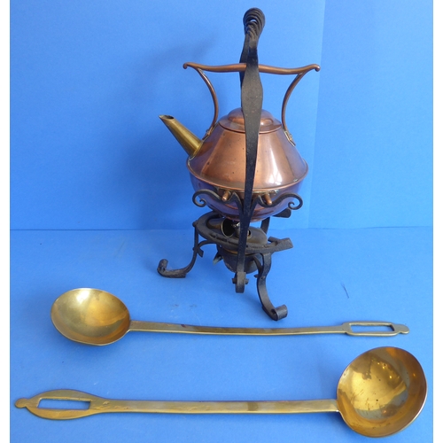 73 - An early 20th century Aesthetic-style copper spirit kettle on iron stand, together with two brass la... 