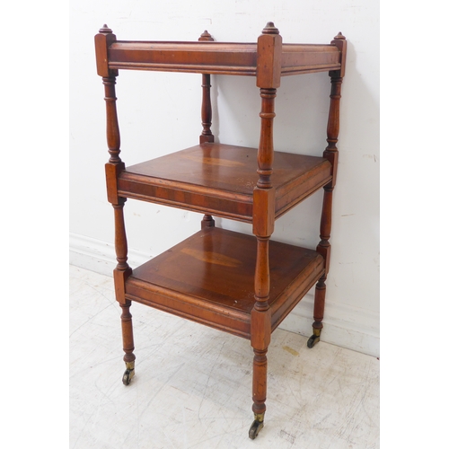 354 - A reproduction yew-wood three-tier whatnot of pleasing colour and proportions: baluster turned uprig... 