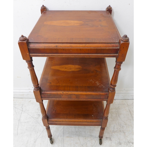 354 - A reproduction yew-wood three-tier whatnot of pleasing colour and proportions: baluster turned uprig... 