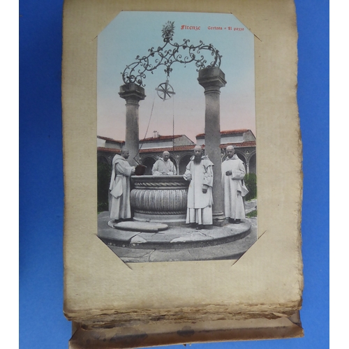 193 - A vellum-bound postcard album containing a selection of colour and monochrome postcards to include V... 