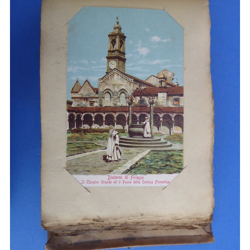 193 - A vellum-bound postcard album containing a selection of colour and monochrome postcards to include V... 