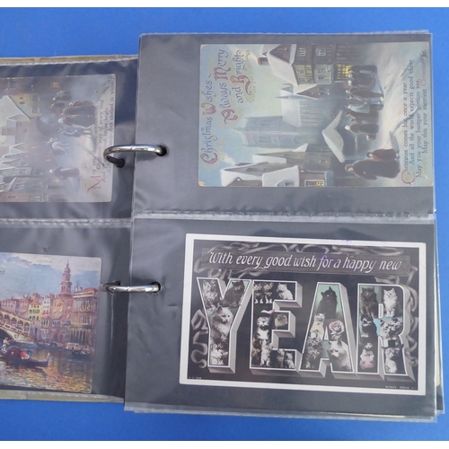 193 - A vellum-bound postcard album containing a selection of colour and monochrome postcards to include V... 