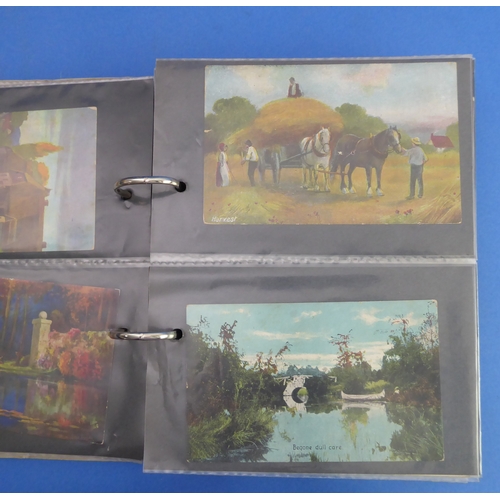 193 - A vellum-bound postcard album containing a selection of colour and monochrome postcards to include V... 