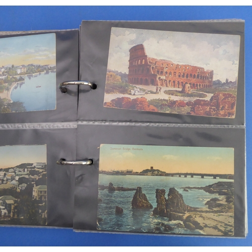 193 - A vellum-bound postcard album containing a selection of colour and monochrome postcards to include V... 