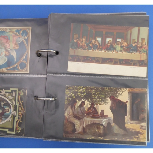 193 - A vellum-bound postcard album containing a selection of colour and monochrome postcards to include V... 