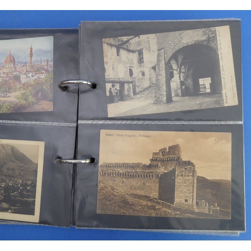 193 - A vellum-bound postcard album containing a selection of colour and monochrome postcards to include V... 