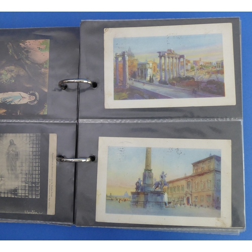 193 - A vellum-bound postcard album containing a selection of colour and monochrome postcards to include V... 