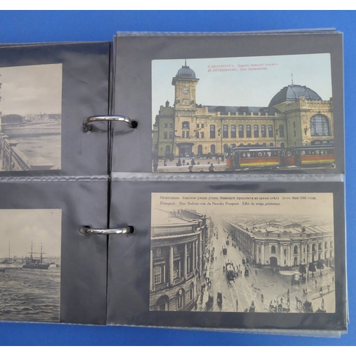 193 - A vellum-bound postcard album containing a selection of colour and monochrome postcards to include V... 