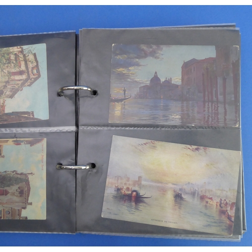 193 - A vellum-bound postcard album containing a selection of colour and monochrome postcards to include V... 