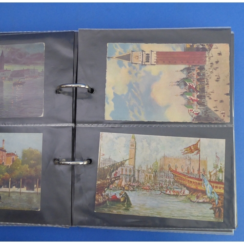 193 - A vellum-bound postcard album containing a selection of colour and monochrome postcards to include V... 