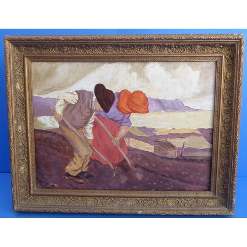 220 - After PAUL HENRY, 'The Potato Diggers, Achill', gilt framed oil on linen onto board, after the origi... 