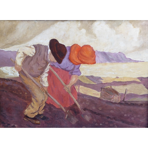 220 - After PAUL HENRY, 'The Potato Diggers, Achill', gilt framed oil on linen onto board, after the origi... 