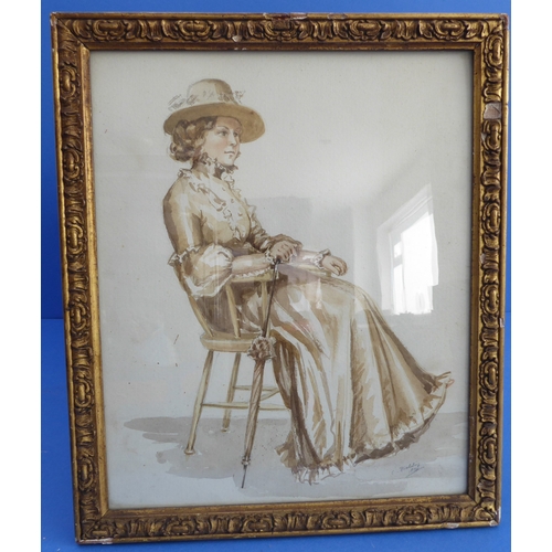 226 - C. FIELDING (19th century): a gilt framed and glazed light brown watercolour study, female subject s... 