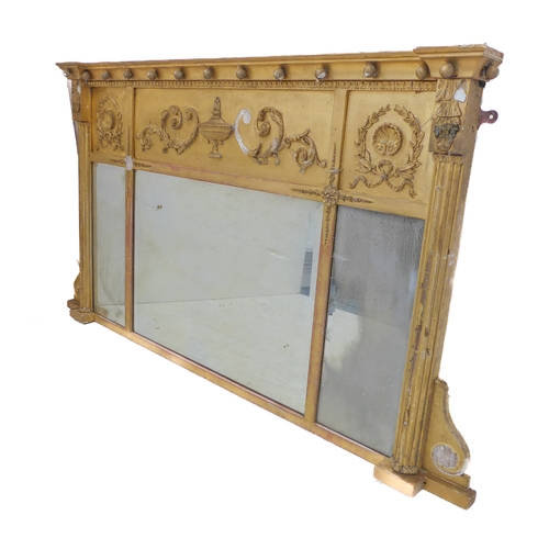 233 - A 19th century gilt-framed neoclassical-style overmantle looking glass frieze above three plates (So... 