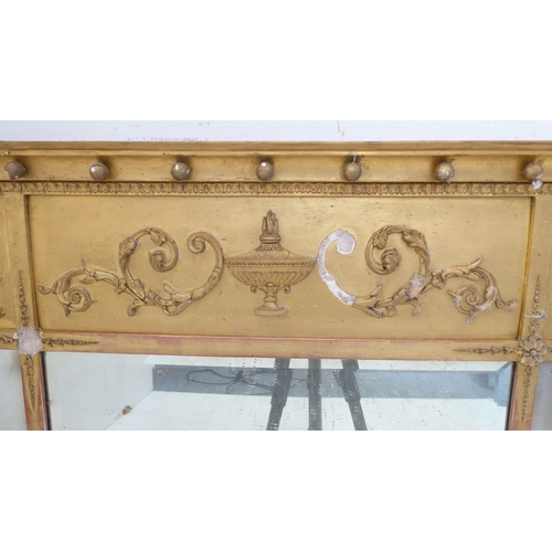 233 - A 19th century gilt-framed neoclassical-style overmantle looking glass frieze above three plates (So... 