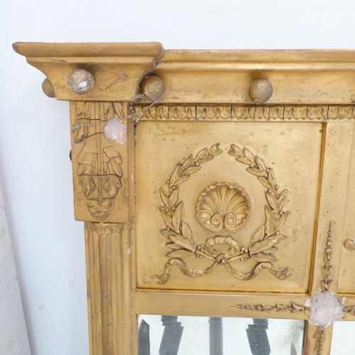 233 - A 19th century gilt-framed neoclassical-style overmantle looking glass frieze above three plates (So... 