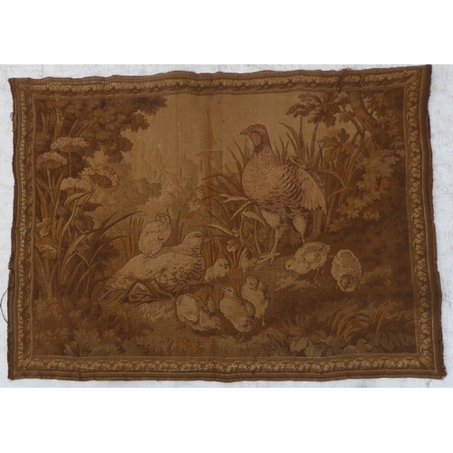 270 - A pair of Belgian-style tapestries depicting partridge and duck with chicks (one with burn marks) (6... 