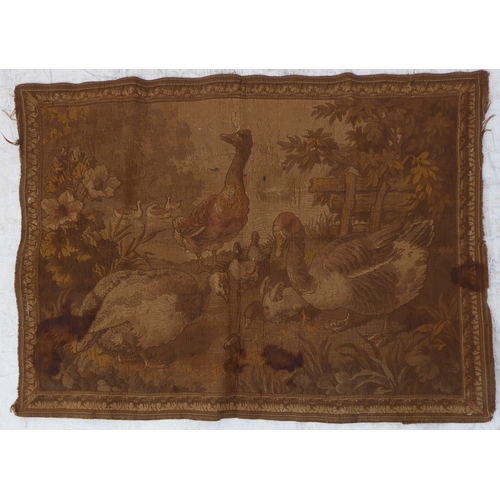 270 - A pair of Belgian-style tapestries depicting partridge and duck with chicks (one with burn marks) (6... 