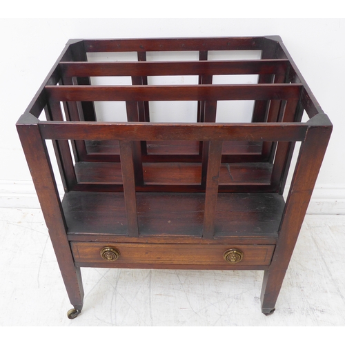 356 - A heavy, early 20th century solid oak three-division magazine rack with brass maker's plaque for Fin... 