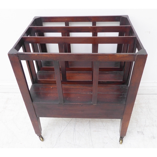 356 - A heavy, early 20th century solid oak three-division magazine rack with brass maker's plaque for Fin... 