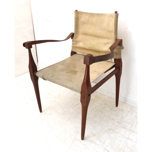 401 - A stained-pine, canvas and leather camp-chair