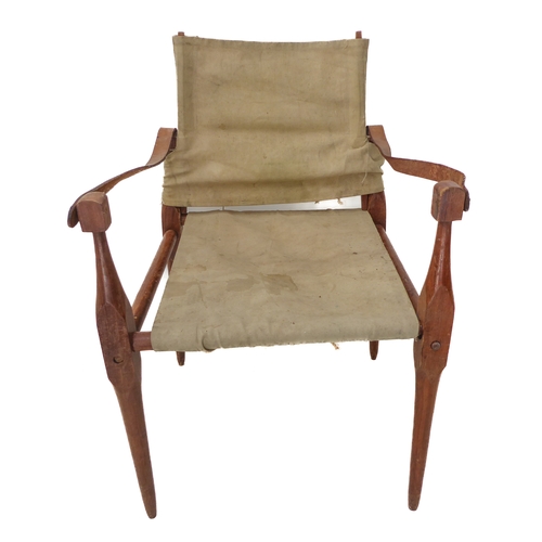 401 - A stained-pine, canvas and leather camp-chair