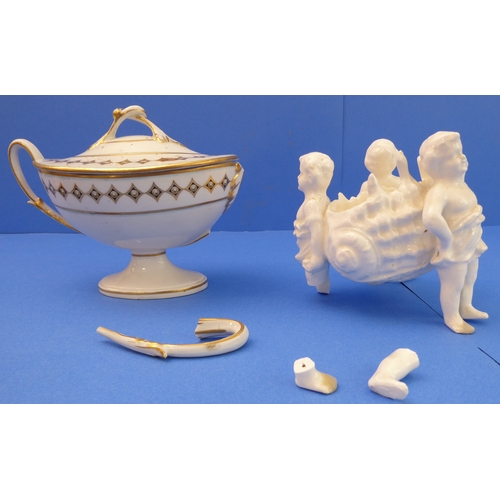 16 - An interesting selection of ceramics to include:
 an early 19th century two-handled Derby boat-shape... 