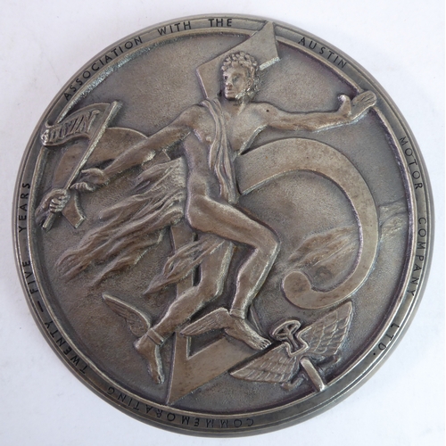 194 - A heavy metal commemorative plaque, the Austin Twenty-Five Year Plaque: obverse with Hermes surround... 