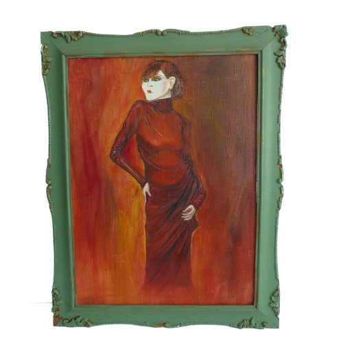 219 - In the style of OTTO DIX (1891-1969), a green painted framed oil on canvas onto board study 'Portrai... 