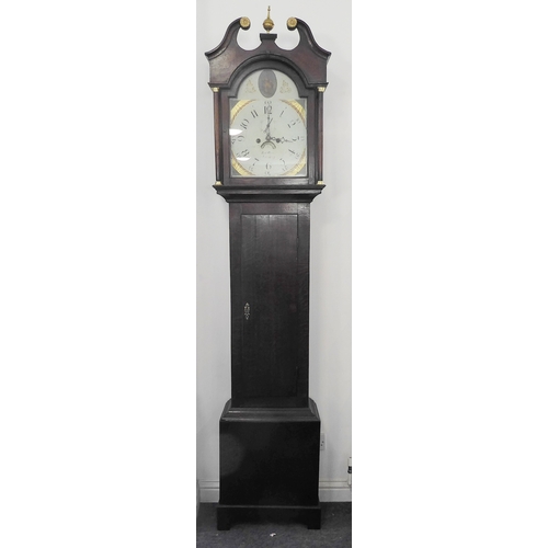 162 - An early 19th century oak-cased eight-day longcase clock: the broken swan-neck pediment above a thir... 