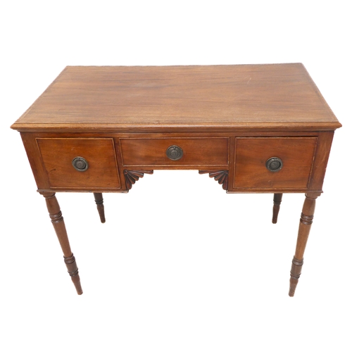 286 - A William IV period mahogany and crossbanded writing table: central drawer with two carved fan pater... 