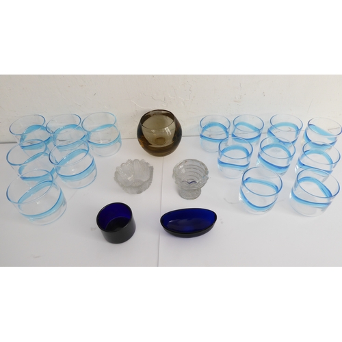 65 - A set of six and nine mid 20th century glass tumblers together with two cobalt-blue glass liners and... 