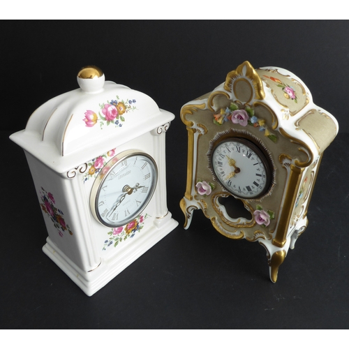 11 - A hand-gilded and decorated Dresden porcelain-cased mantle clock (21.5cm high), together with a late... 