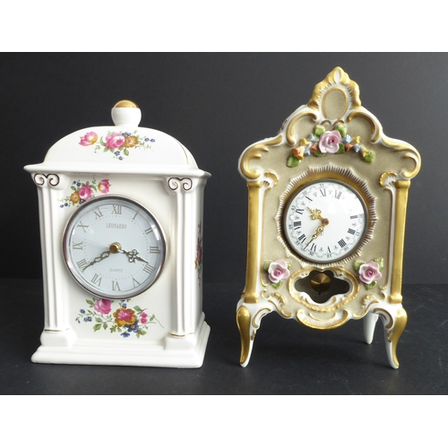 11 - A hand-gilded and decorated Dresden porcelain-cased mantle clock (21.5cm high), together with a late... 