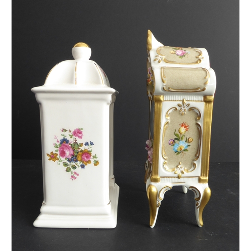 11 - A hand-gilded and decorated Dresden porcelain-cased mantle clock (21.5cm high), together with a late... 