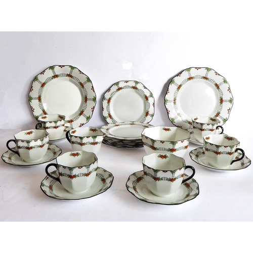 36 - A six-place Sutherland China tea-service comprising cups and saucers (one cup cracked), 17 cm side p... 