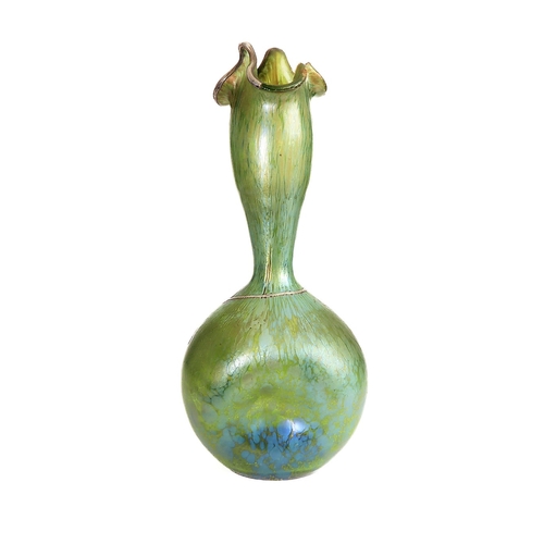 55 - A circa 1900 Loetz iridescent glass vase with silver overlay as sinuous flowers (chip to rim)