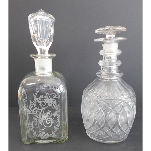 57 - Assorted glassware comprising:
 two decanters, one with mushroom stopper (25 cm high), the other wit... 