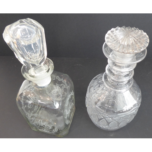 57 - Assorted glassware comprising:
 two decanters, one with mushroom stopper (25 cm high), the other wit... 