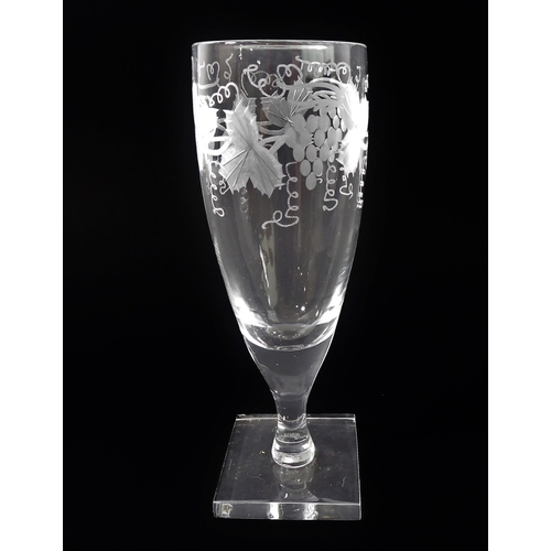 53 - William Yeowood glassware decorated with etched fruiting vine:
 6 x 16 cm champagnes; 
 6 x 14 cm an... 