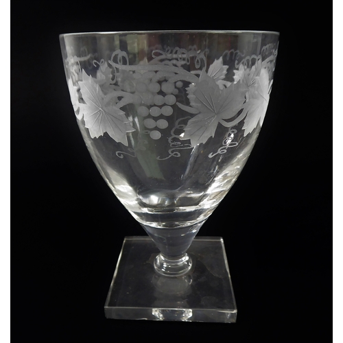 53 - William Yeowood glassware decorated with etched fruiting vine:
 6 x 16 cm champagnes; 
 6 x 14 cm an... 