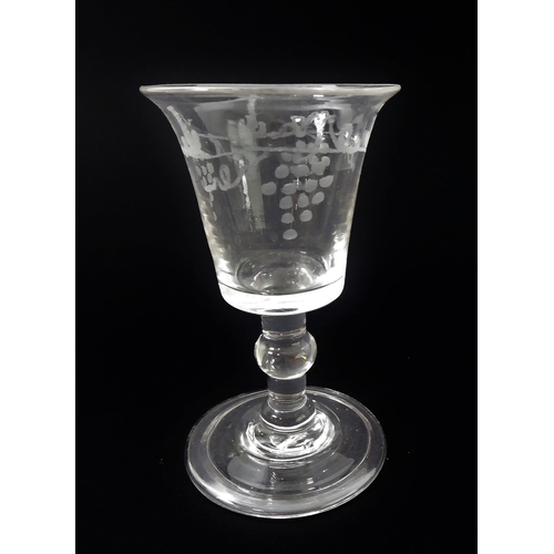 53 - William Yeowood glassware decorated with etched fruiting vine:
 6 x 16 cm champagnes; 
 6 x 14 cm an... 